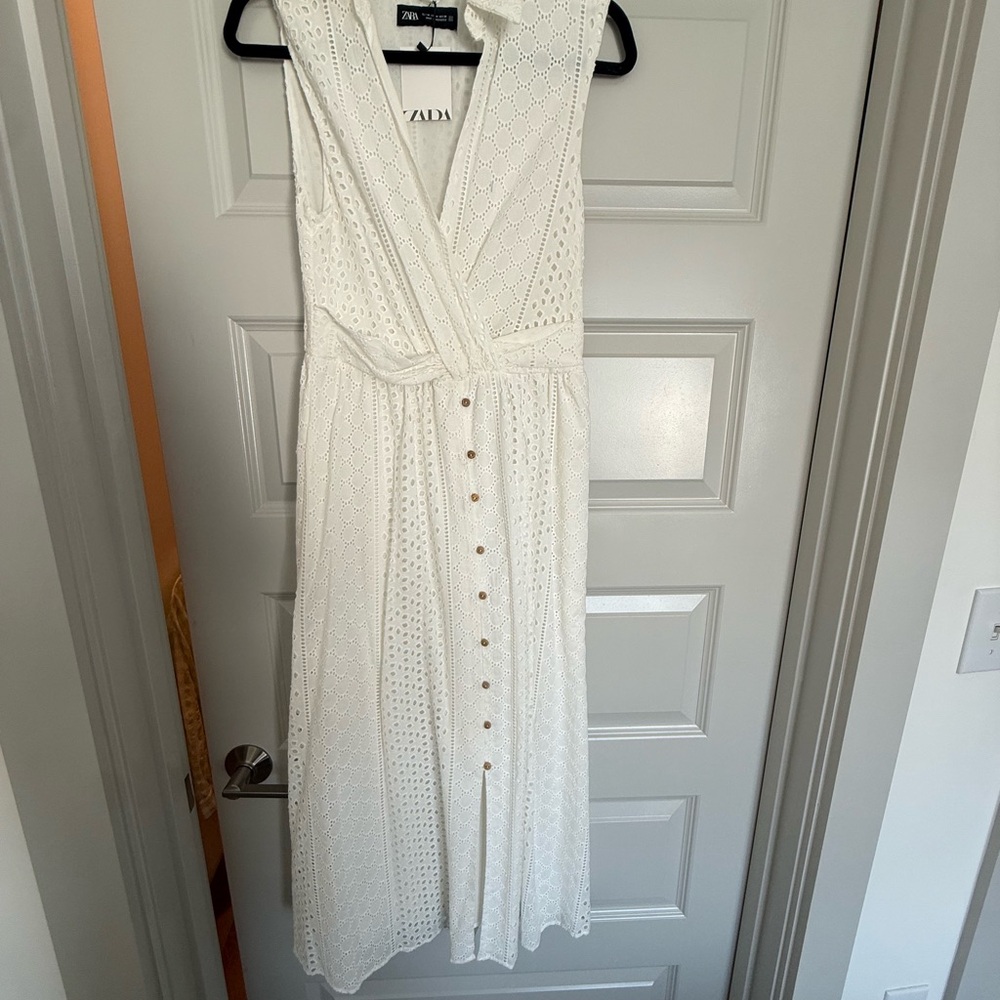 Zara Cream Eyelet Midi Dress with Buttons